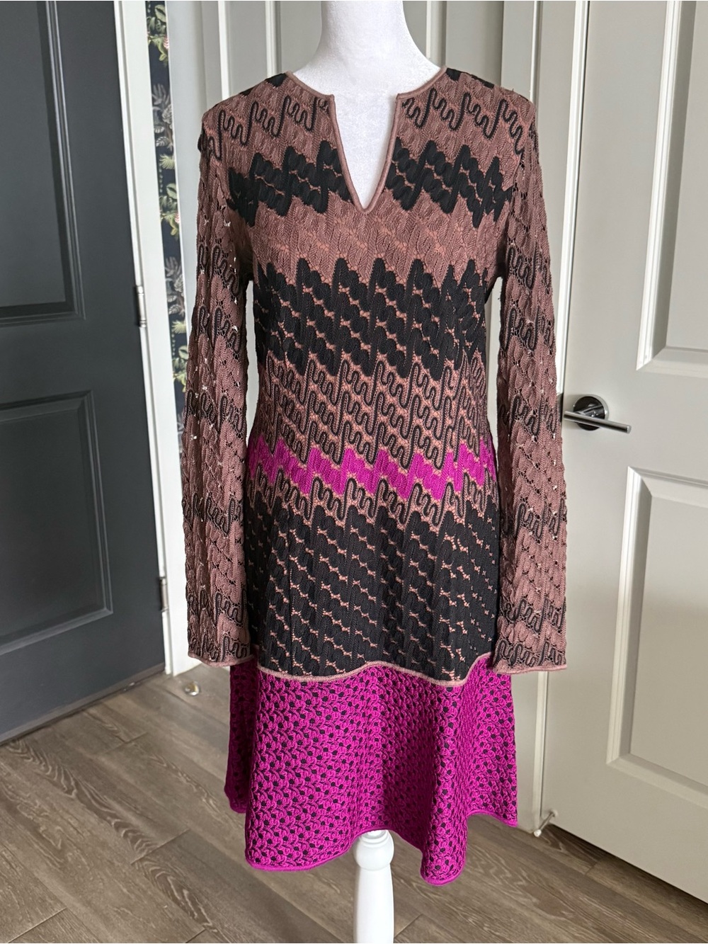 Missoni Signature Wool Knit Chevron Long Sleeve A-Line Dress Size IT 44